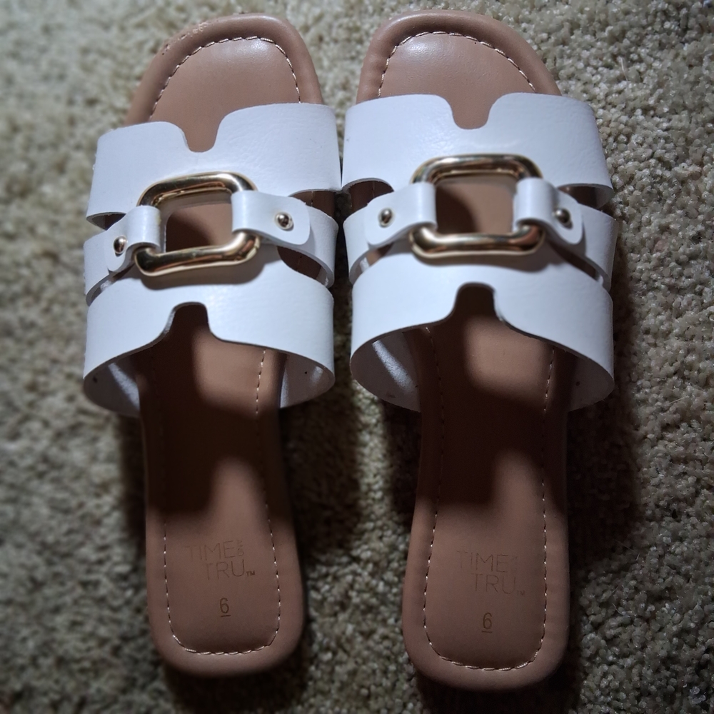 Time and Tru Women's White Slide Sandals with Gold Buckle